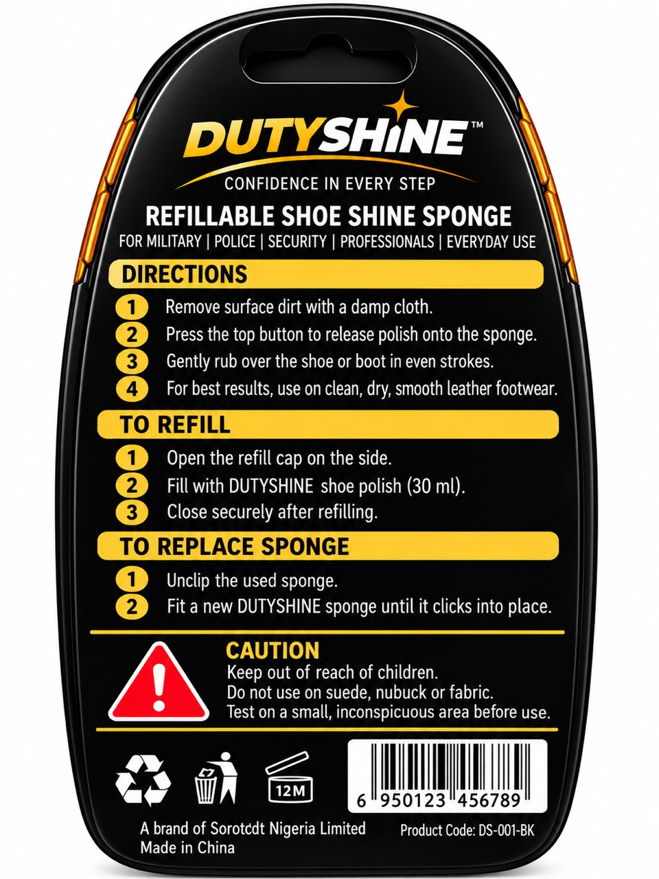 Official DUTYSHINE Back label & instructions